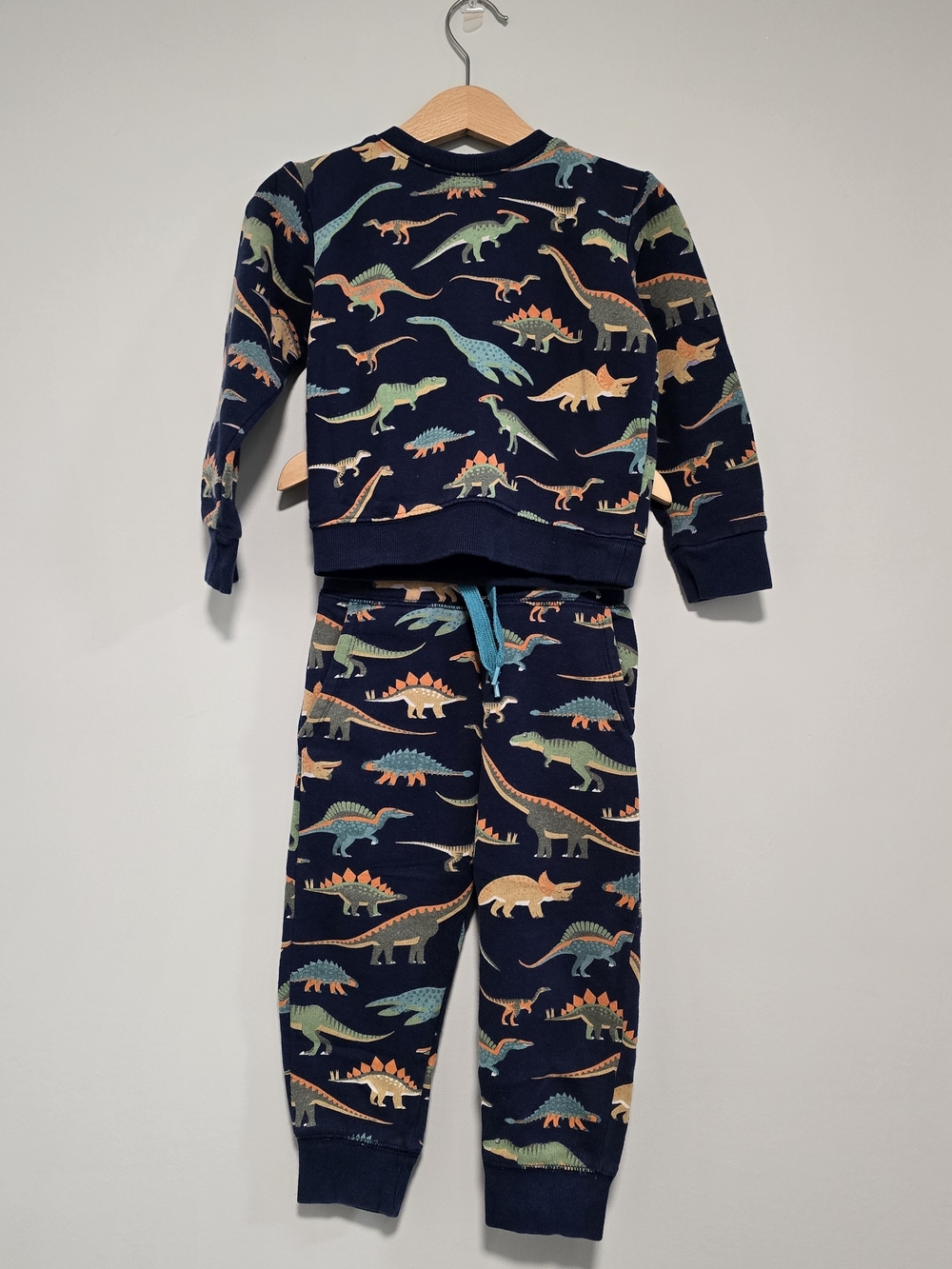 Kids Navy Dinosaur Print Pajama Set - Blue/Green Accent Cozy Fall Style.